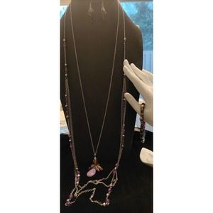 4 PIECE SET WOMEN'S FASHION JEWELRY 2 NECKLACES PAIR EARRINGS STRETCH BRACELET